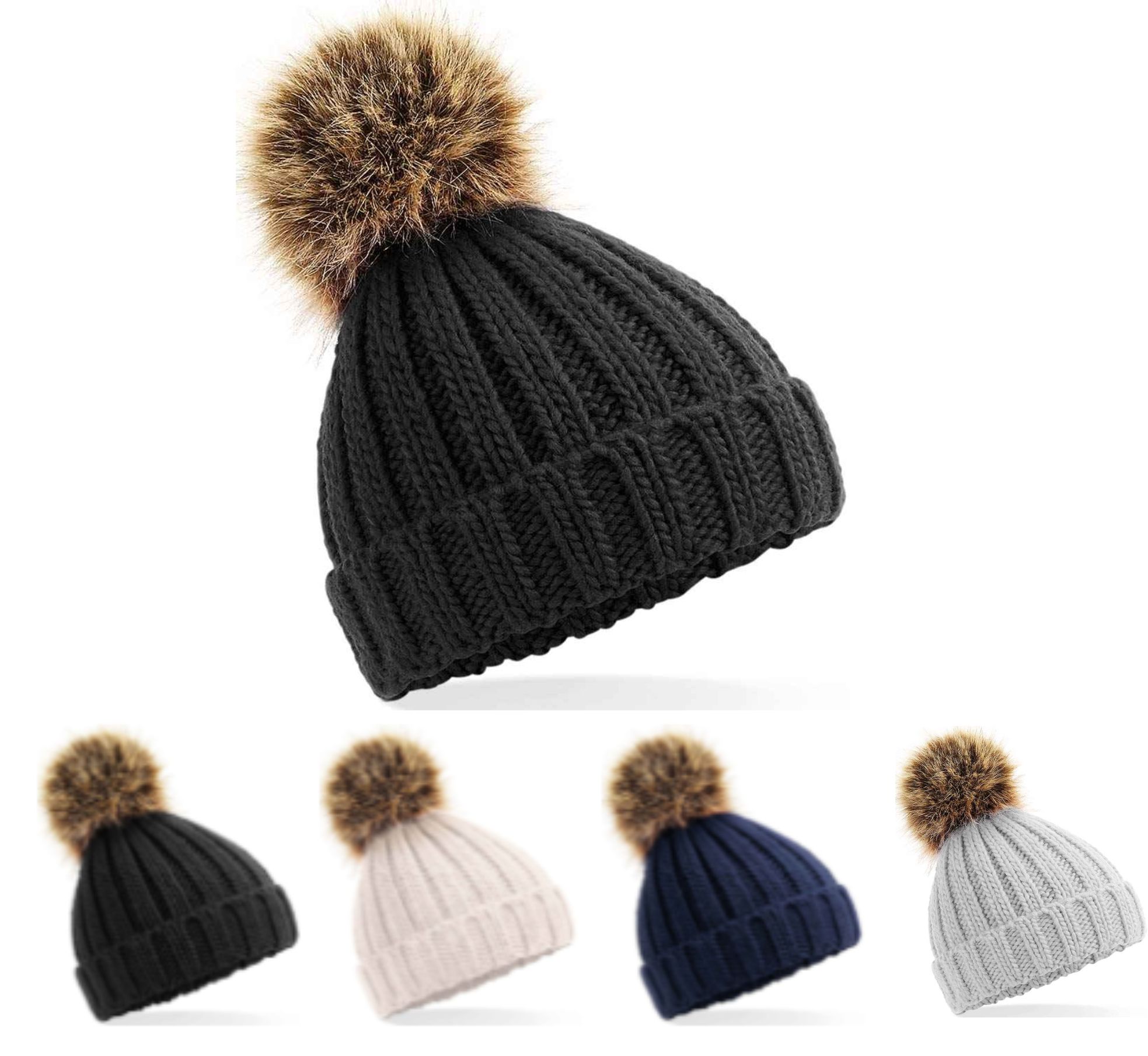 Beechfield BB412A Infant Fur Pom Pom Chunky Beanie  Beechfield BB412A Infant Fur Pom Pom Chunky Beanie